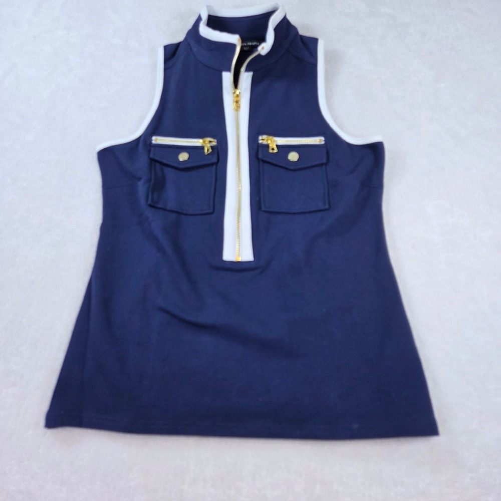 Boston Proper Navy Blue White Sleeveless Quarter Zip Top Gold Hardware Small